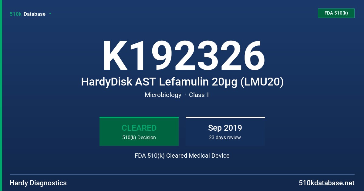 K192326 HardyDisk AST Lefamulin 20µg (LMU20) FDA 510(k) Cleared Medical Device