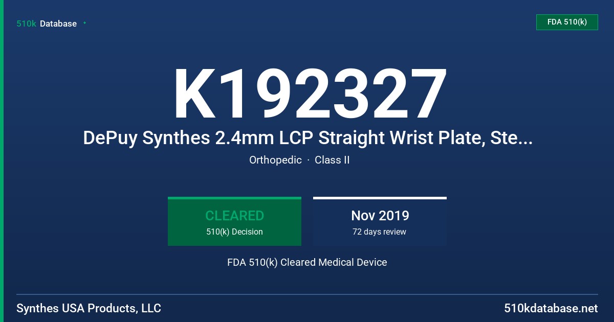 K192327 DePuy Synthes 2.4mm LCP Straight Wrist Plate, Sterile FDA 510(k) Cleared Medical Device
