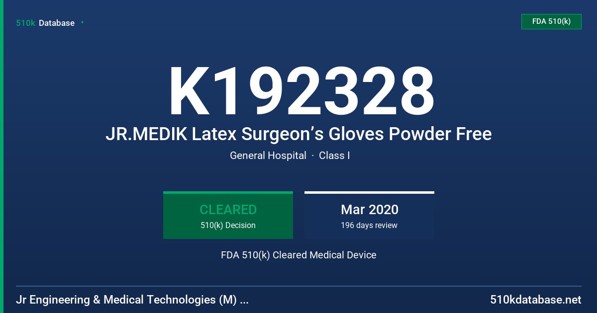 K192328 JR.MEDIK Latex Surgeon’s Gloves Powder Free FDA 510(k) Cleared Medical Device