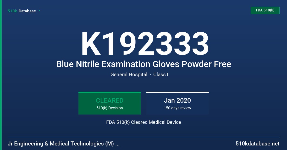 K192333 Blue Nitrile Examination Gloves Powder Free FDA 510(k) Cleared Medical Device