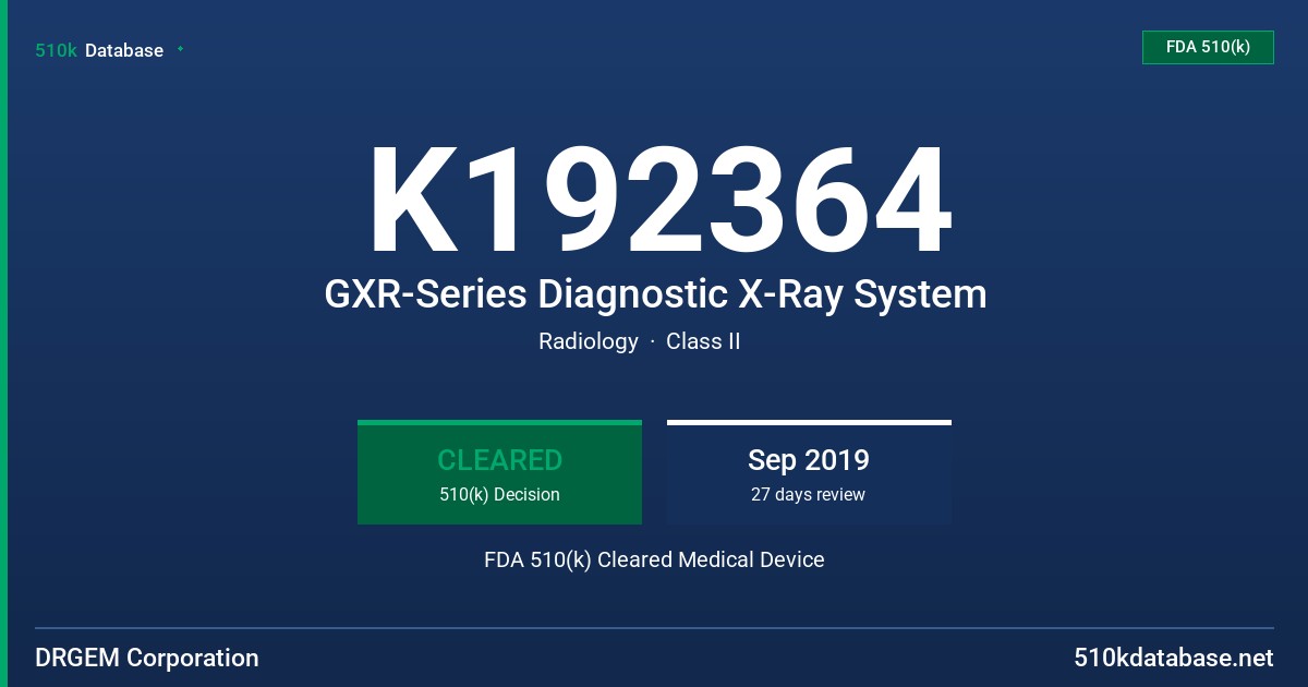 K192364 GXR-Series Diagnostic X-Ray System FDA 510(k) Cleared Medical Device