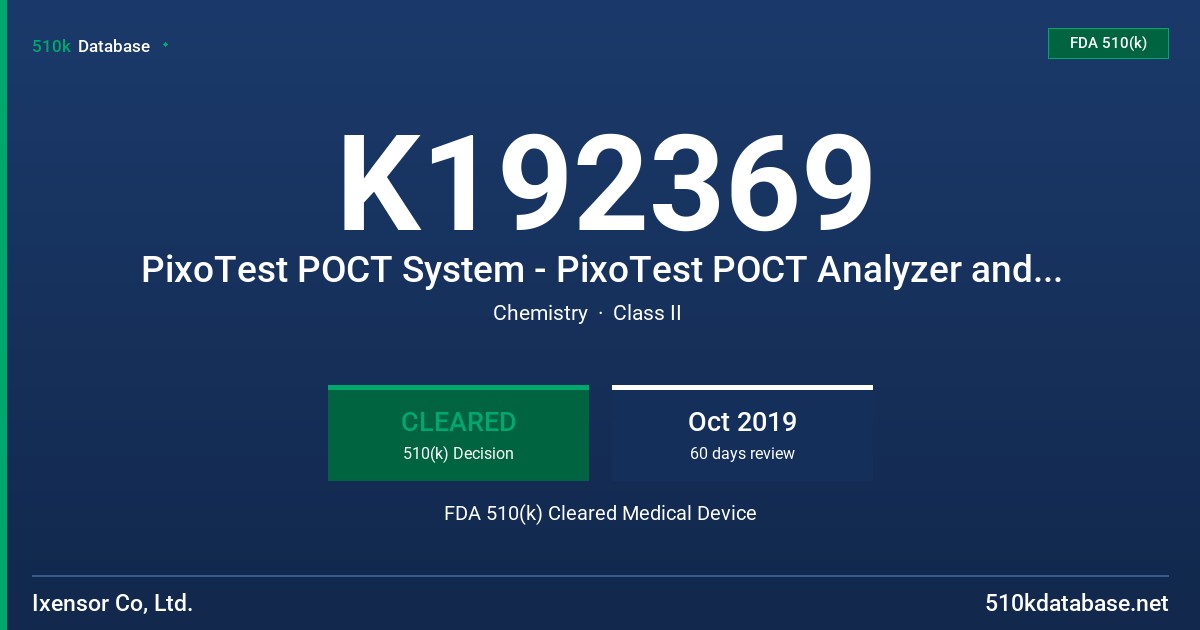K192369 PixoTest POCT System - PixoTest POCT Analyzer and PixoTest A1c Test Kit FDA 510(k) Cleared Medical Device
