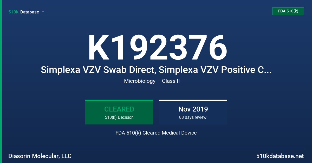 K192376 Simplexa VZV Swab Direct, Simplexa VZV Positive Control Pack FDA 510(k) Cleared Medical Device