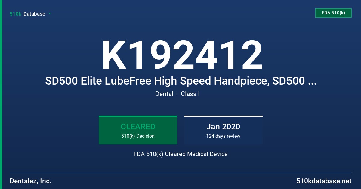 K192412 SD500 Elite LubeFree High Speed Handpiece, SD500 Elite Lubricated High Speed Handpiece, SD500 Pro LubeFree High Speed Handpiece, Pro Lubricated High Speed Handpiece FDA 510(k) Cleared Medical Device