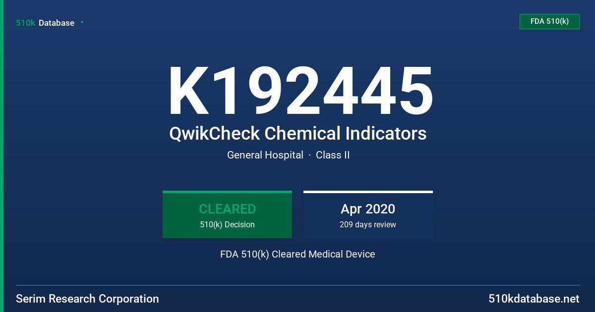 K192445 QwikCheck Chemical Indicators FDA 510(k) Cleared Medical Device