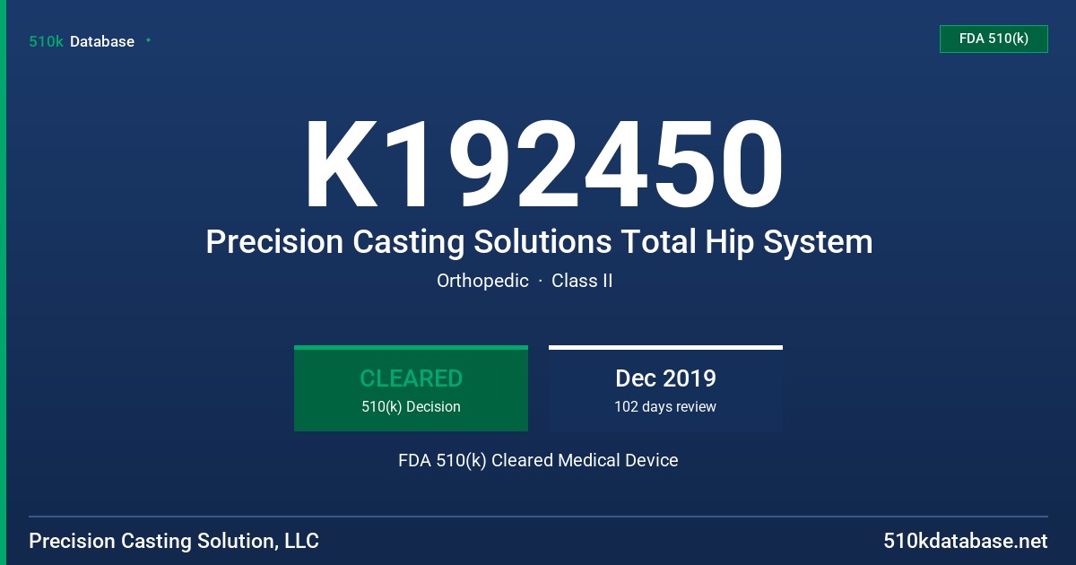 K192450 Precision Casting Solutions Total Hip System FDA 510(k) Cleared Medical Device