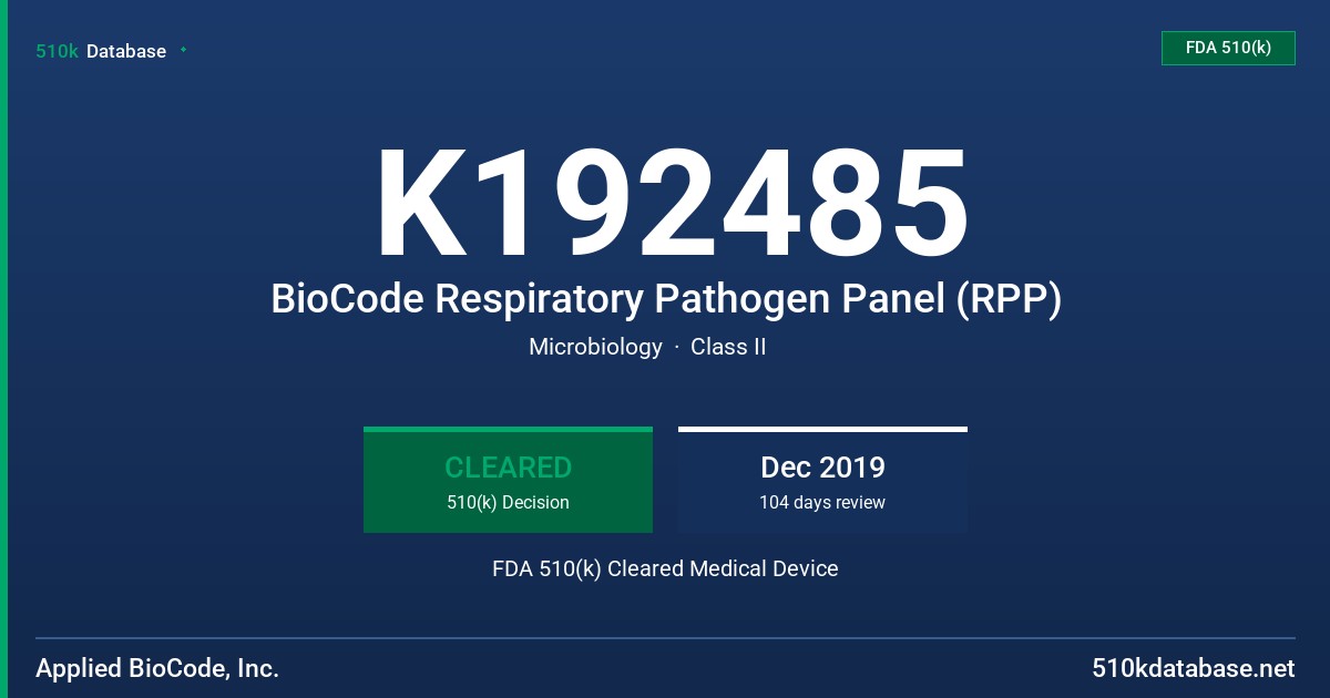K192485 BioCode Respiratory Pathogen Panel (RPP) FDA 510(k) Cleared Medical Device