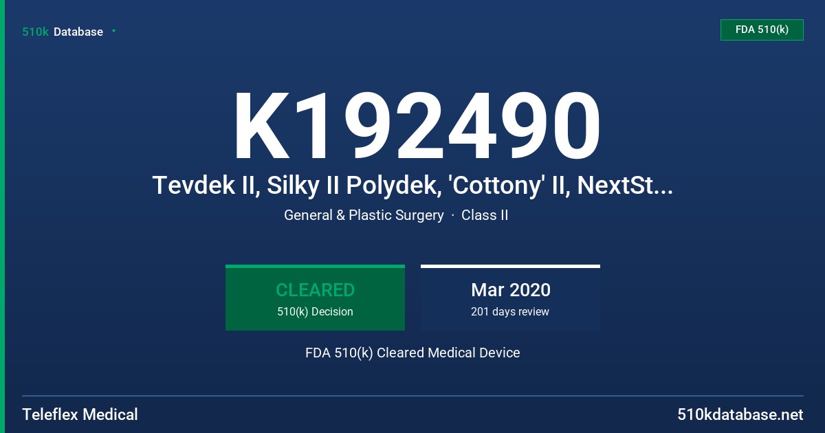 K192490 Tevdek II, Silky II Polydek, 'Cottony' II, NextStitch FDA 510(k) Cleared Medical Device