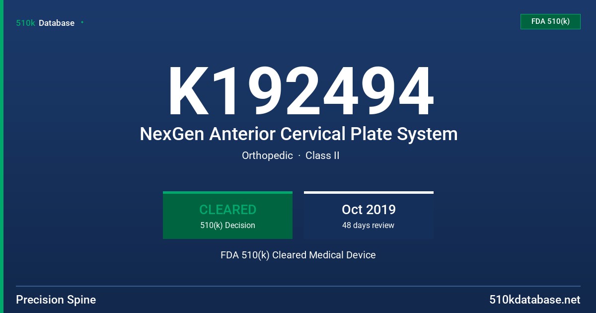 K192494 NexGen Anterior Cervical Plate System FDA 510(k) Cleared Medical Device