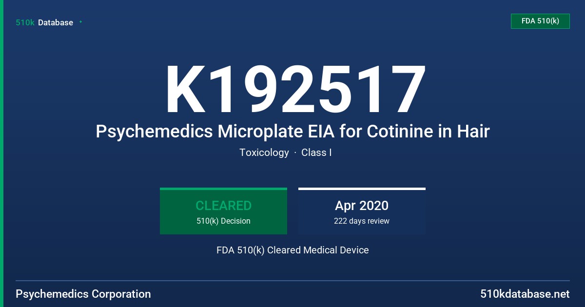 K192517 Psychemedics Microplate EIA for Cotinine in Hair FDA 510(k) Cleared Medical Device