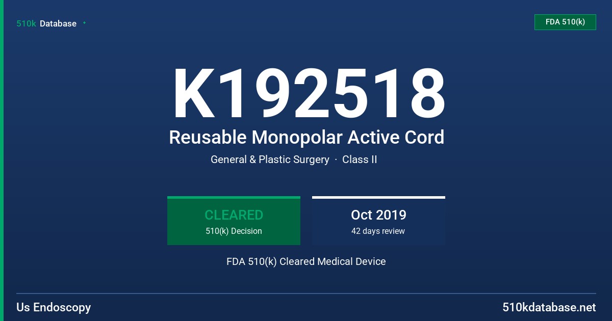 K192518 Reusable Monopolar Active Cord FDA 510(k) Cleared Medical Device