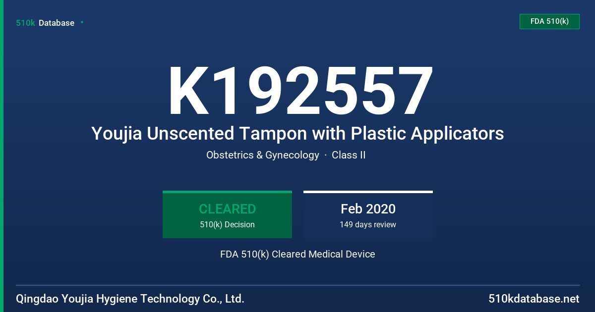 K192557 Youjia Unscented Tampon with Plastic Applicators FDA 510(k) Cleared Medical Device