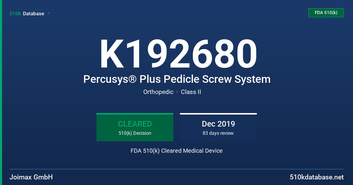 K192680 Percusys® Plus Pedicle Screw System FDA 510(k) Cleared Medical Device