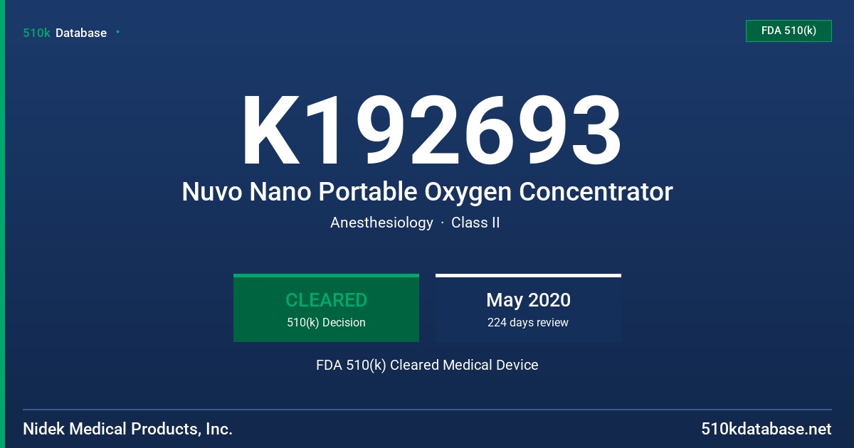 K192693 Nuvo Nano Portable Oxygen Concentrator FDA 510(k) Cleared Medical Device