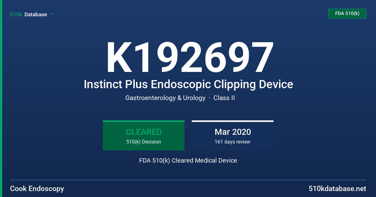 K192697 Instinct Plus Endoscopic Clipping Device FDA 510(k) Cleared Medical Device