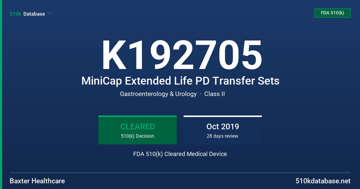 K192705 MiniCap Extended Life PD Transfer Sets FDA 510(k) Cleared Medical Device