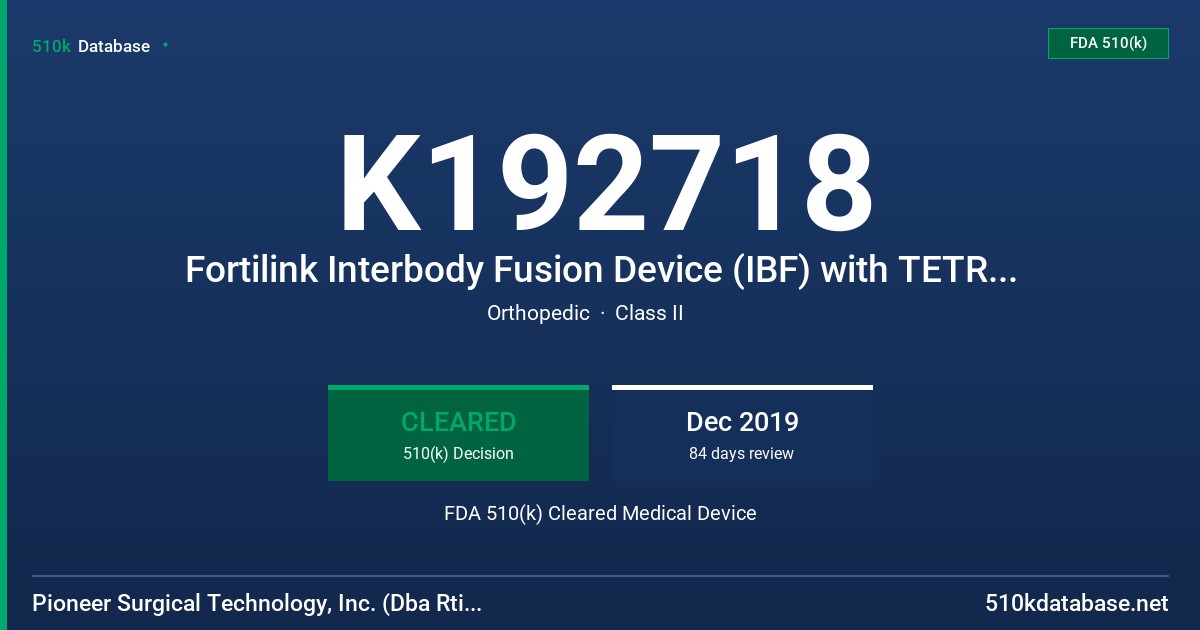 K192718 Fortilink Interbody Fusion Device (IBF) with TETRAfuse 3D Technology FDA 510(k) Cleared Medical Device