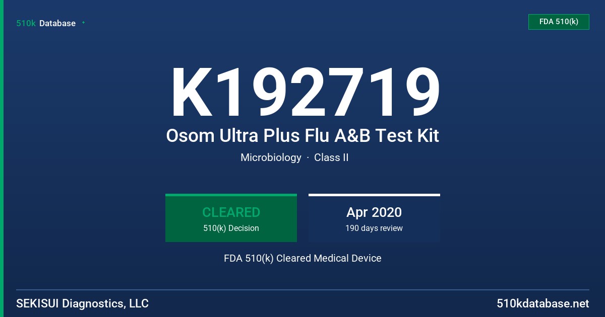 K192719 Osom Ultra Plus Flu A&B Test Kit FDA 510(k) Cleared Medical Device