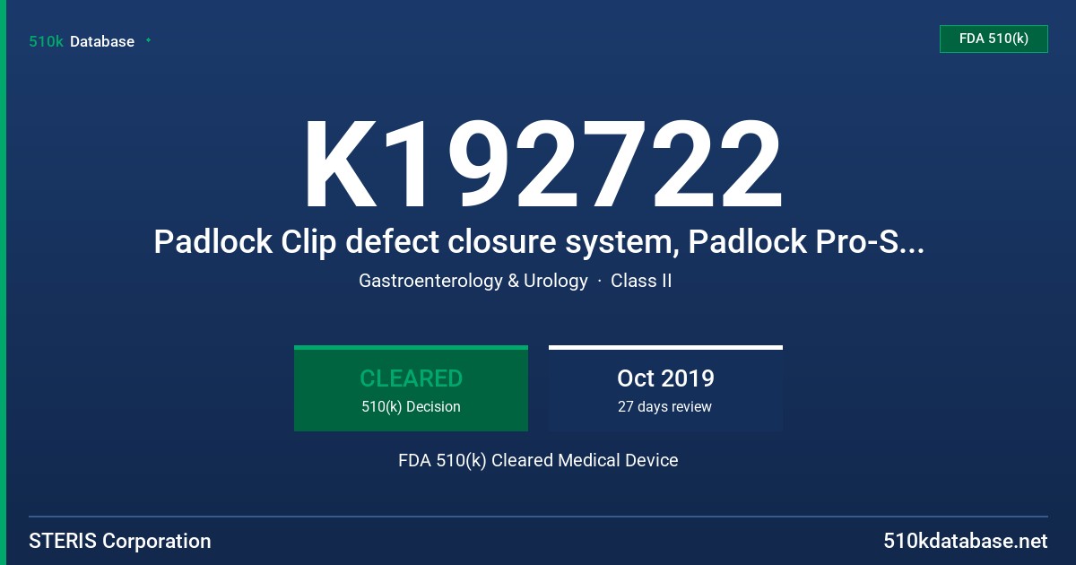 K192722 Padlock Clip defect closure system, Padlock Pro-Select defect closure device FDA 510(k) Cleared Medical Device