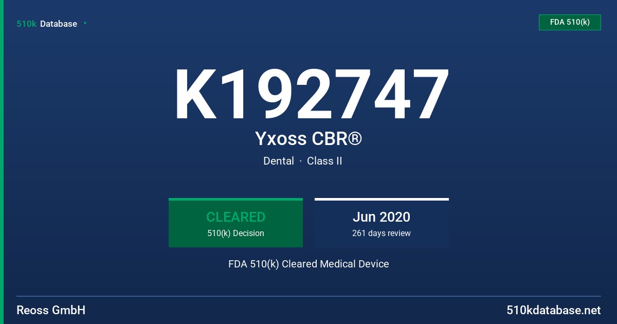 K192747 Yxoss CBR® FDA 510(k) Cleared Medical Device