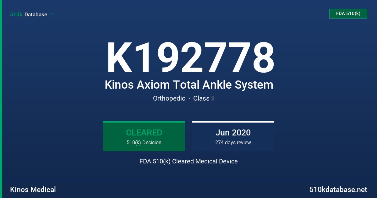 K192778 Kinos Axiom Total Ankle System FDA 510(k) Cleared Medical Device