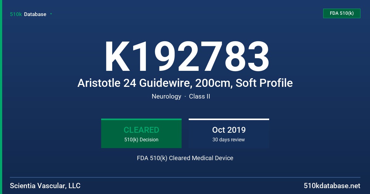 K192783 Aristotle 24 Guidewire, 200cm, Soft Profile FDA 510(k) Cleared Medical Device