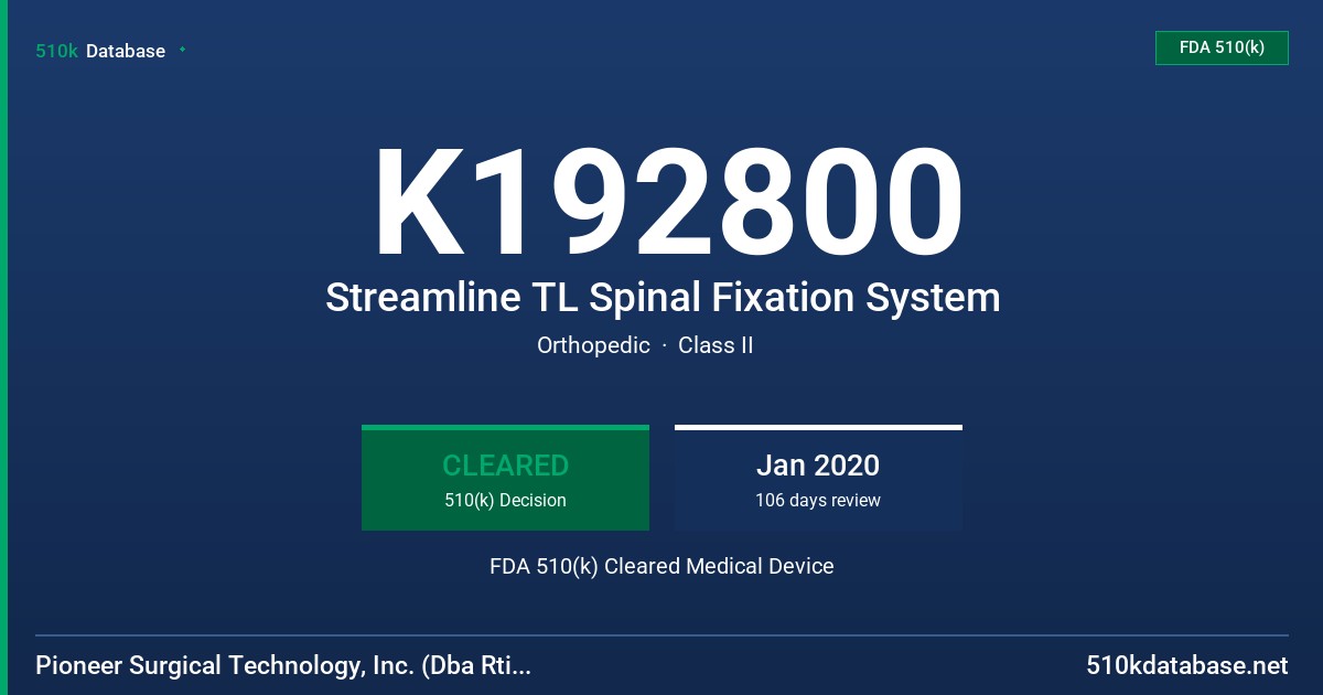 K192800 Streamline TL Spinal Fixation System FDA 510(k) Cleared Medical Device