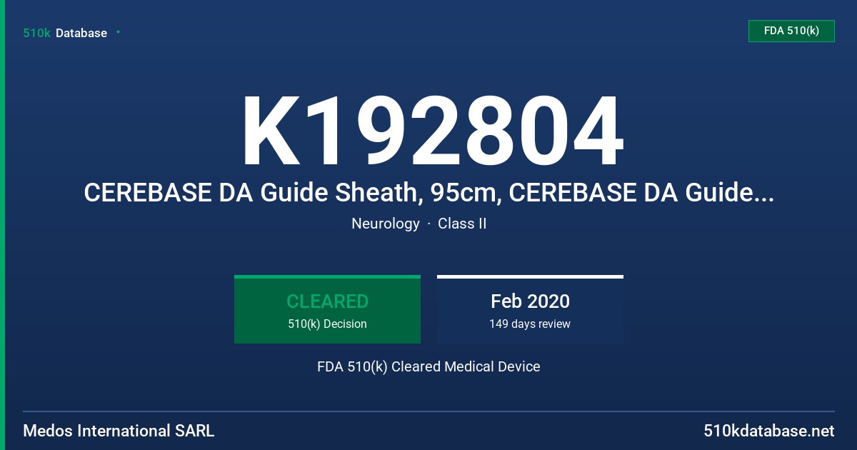 K192804 CEREBASE DA Guide Sheath, 95cm, CEREBASE DA Guide Sheath, 90cm, CEREBASE DA Guide Sheath, 80cm, CEREBASE DA Guide Sheath, 70cm FDA 510(k) Cleared Medical Device