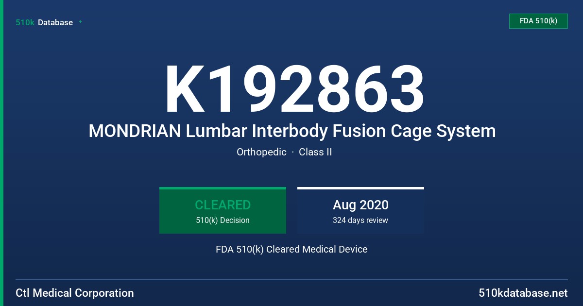 K192863 MONDRIAN Lumbar Interbody Fusion Cage System FDA 510(k) Cleared Medical Device
