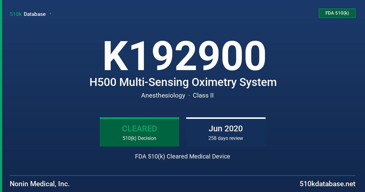 K192900 H500 Multi-Sensing Oximetry System FDA 510(k) Cleared Medical Device