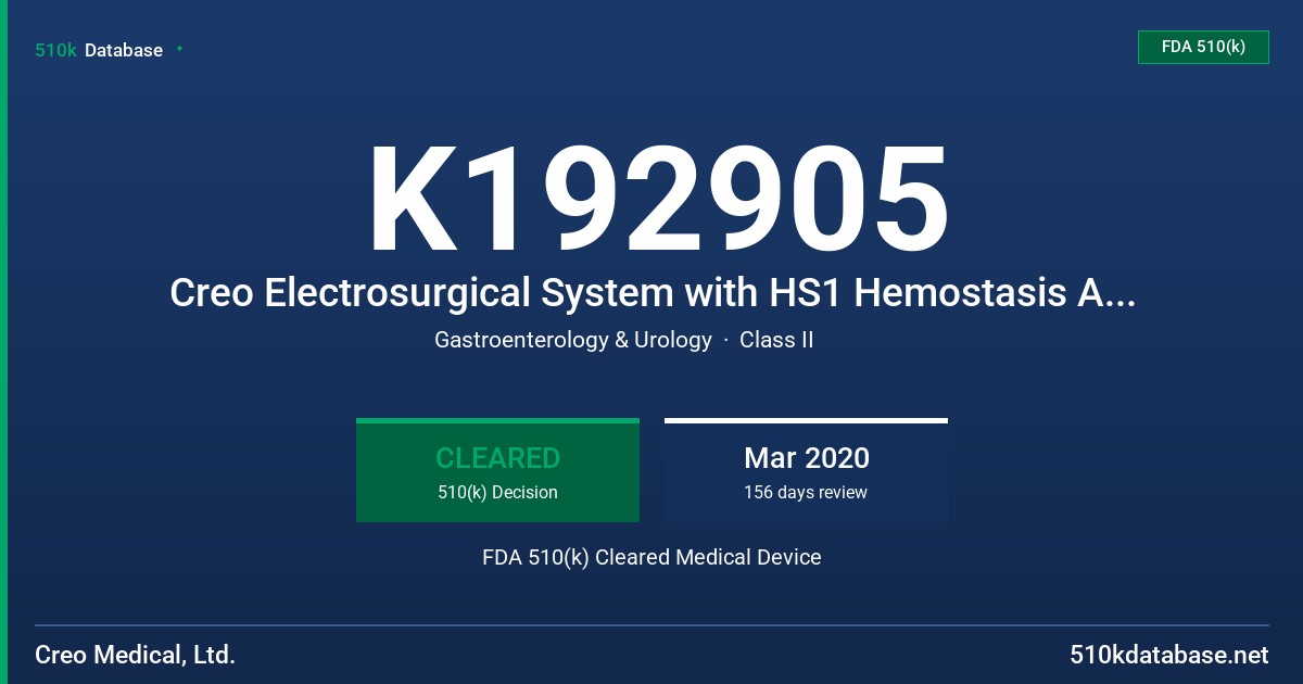 K192905 Creo Electrosurgical System with HS1 Hemostasis Accessory FDA 510(k) Cleared Medical Device