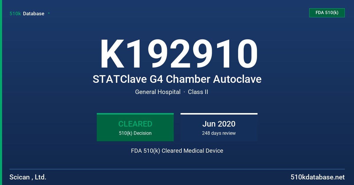 K192910 STATClave G4 Chamber Autoclave FDA 510(k) Cleared Medical Device