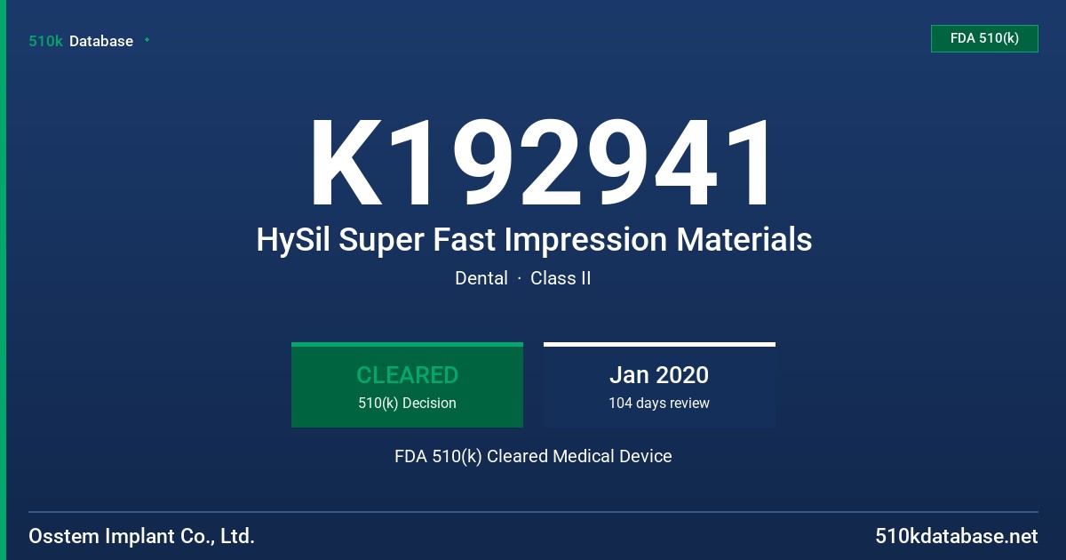 K192941 HySil Super Fast Impression Materials FDA 510(k) Cleared Medical Device