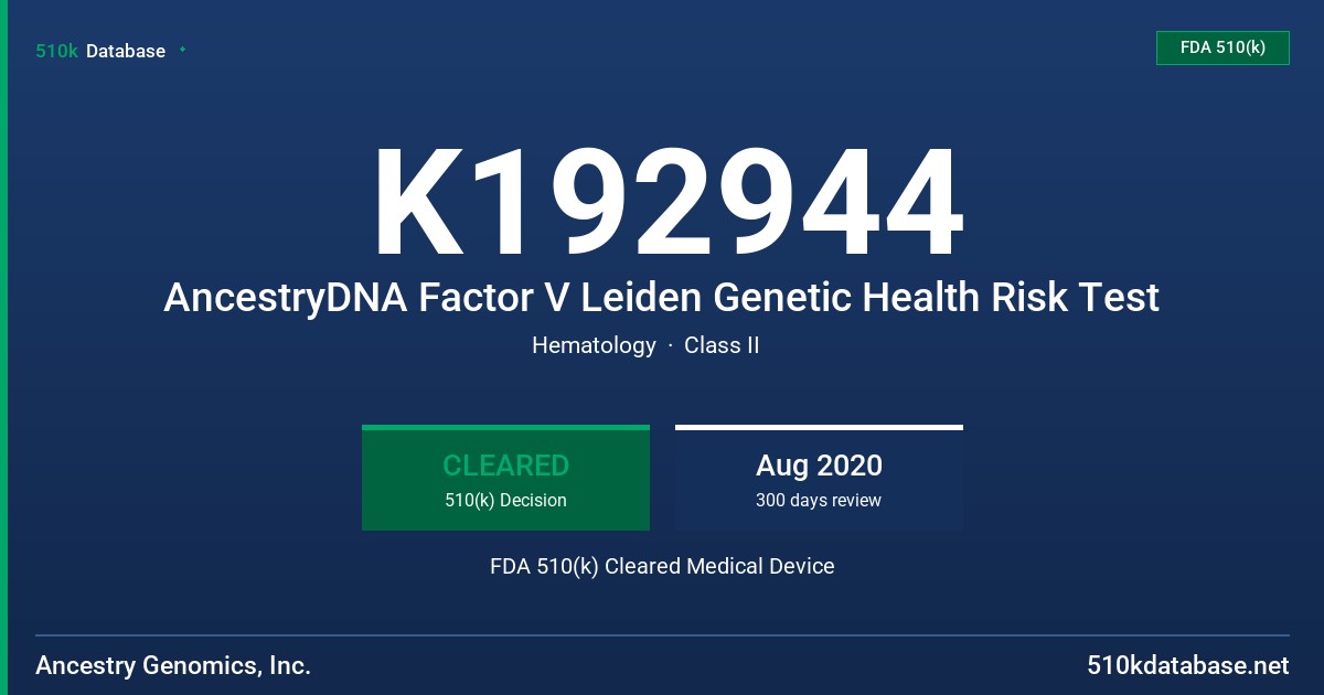 K192944 AncestryDNA Factor V Leiden Genetic Health Risk Test FDA 510(k) Cleared Medical Device