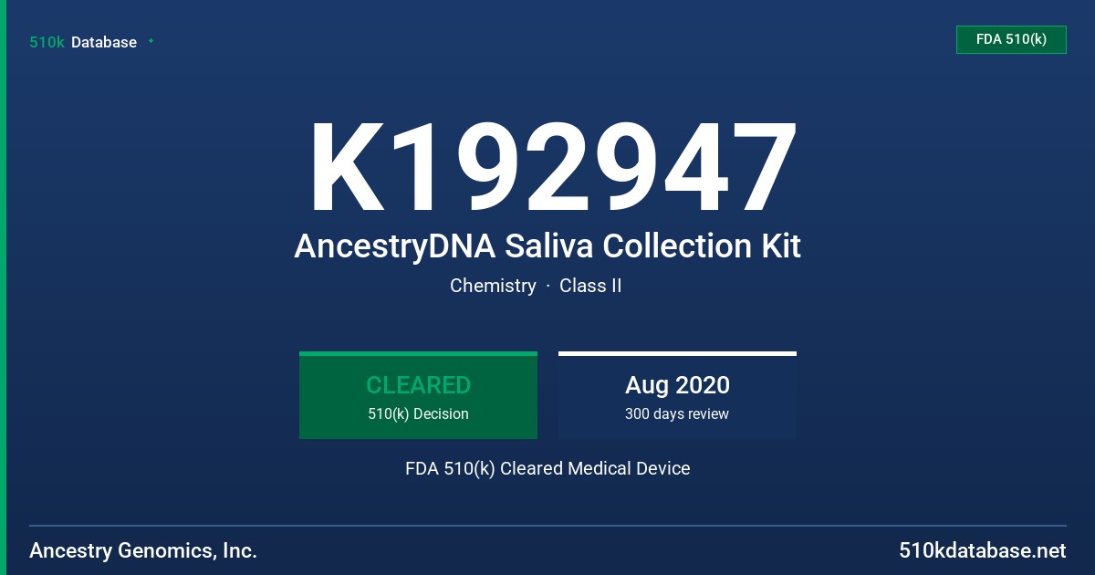K192947 AncestryDNA Saliva Collection Kit FDA 510(k) Cleared Medical Device