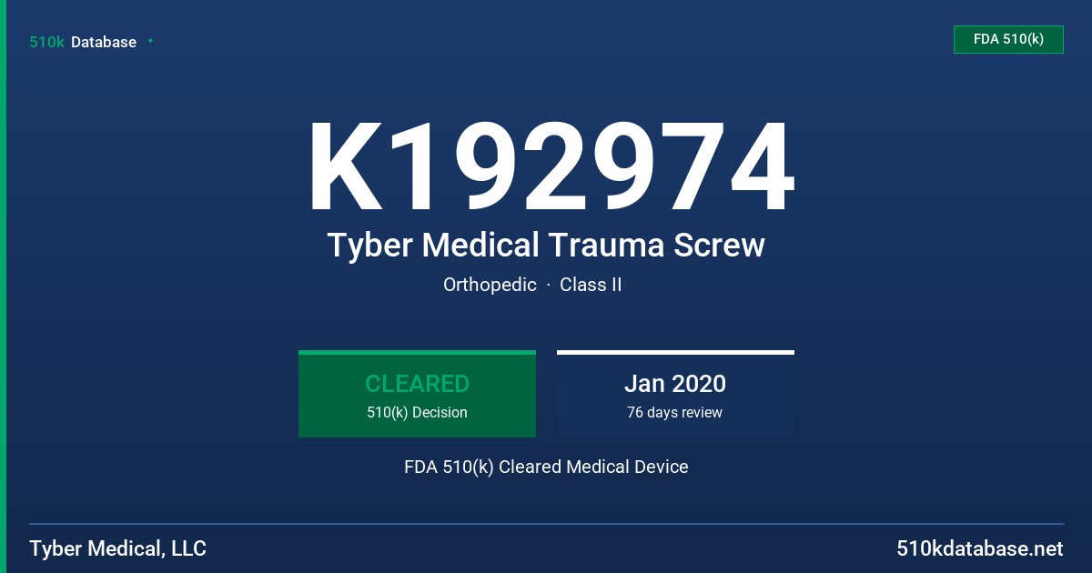 K192974 Tyber Medical Trauma Screw FDA 510(k) Cleared Medical Device