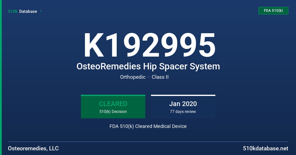 K192995 OsteoRemedies Hip Spacer System FDA 510(k) Cleared Medical Device