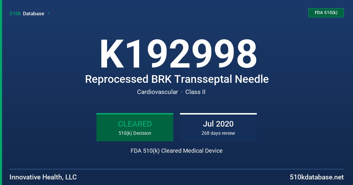 K192998 Reprocessed BRK Transseptal Needle FDA 510(k) Cleared Medical Device