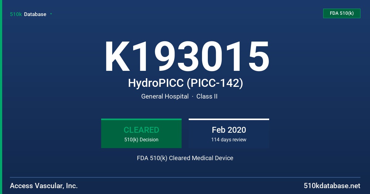 K193015 HydroPICC (PICC-142) FDA 510(k) Cleared Medical Device