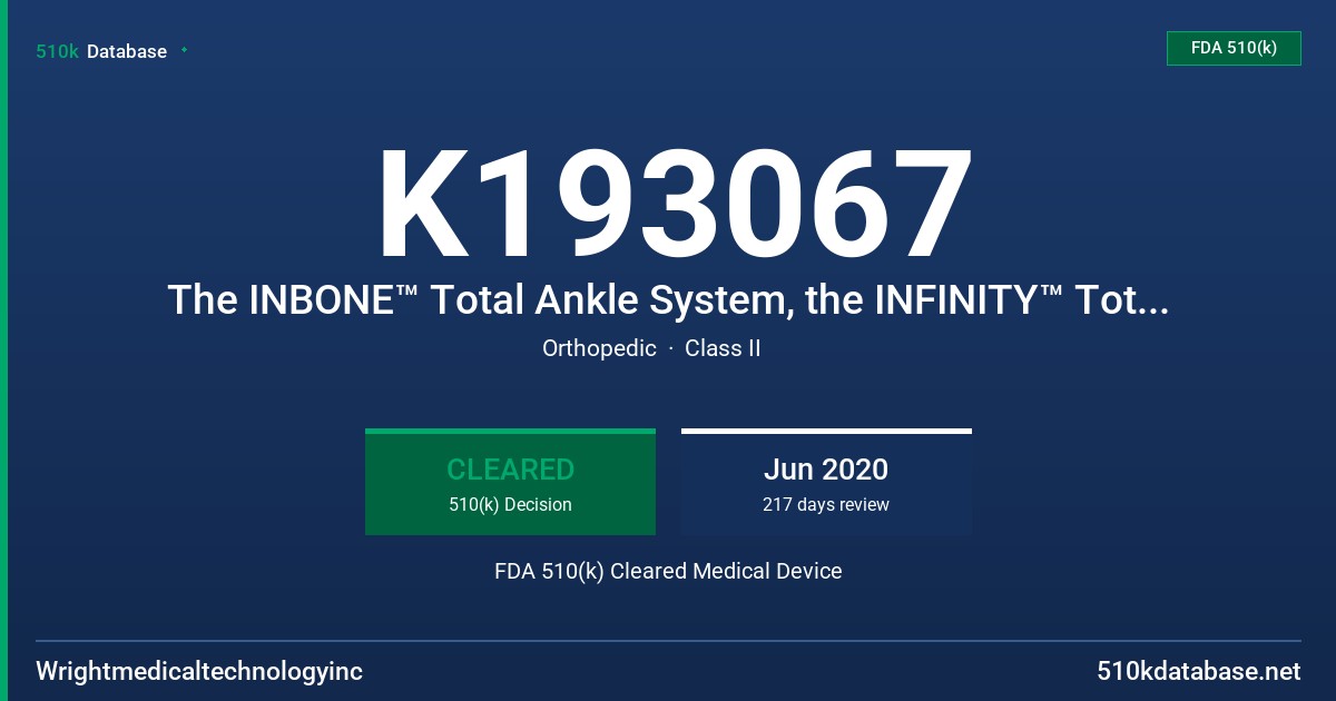 K193067 The INBONE™ Total Ankle System, the INFINITY™ Total Ankle System and the INVISION™ Total Ankle Revision System FDA 510(k) Cleared Medical Device