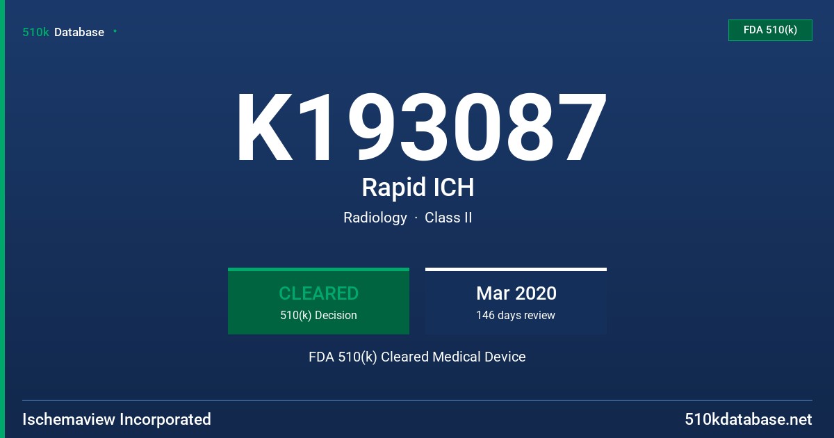 K193087 Rapid ICH FDA 510(k) Cleared Medical Device