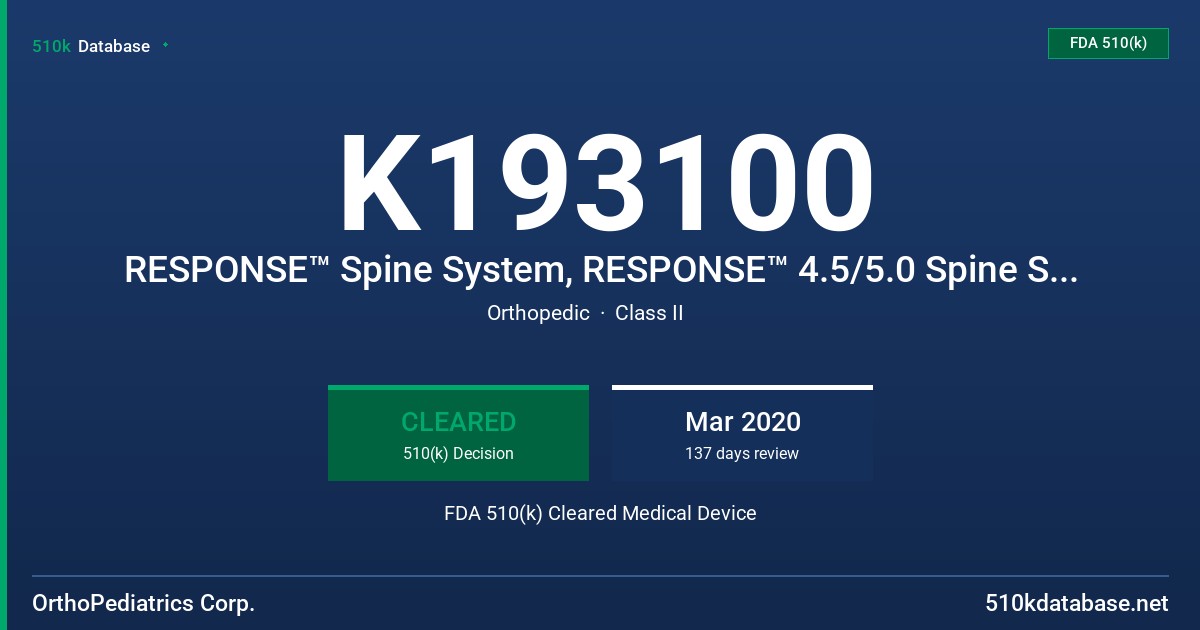 K193100 RESPONSE™ Spine System, RESPONSE™ 4.5/5.0 Spine System, RESPONSE™ 5.5/6.0 Spine System FDA 510(k) Cleared Medical Device