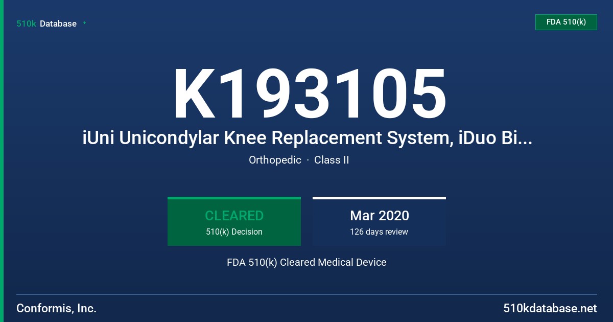 K193105 iUni Unicondylar Knee Replacement System, iDuo Bicompartmental Knee Repair System, iTotal CR Knee Replacement System, iTotal PS Knee Replacement System FDA 510(k) Cleared Medical Device