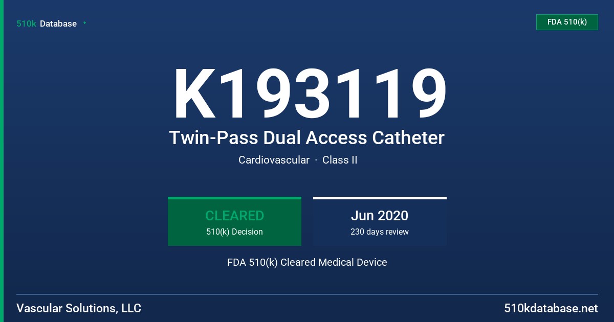 K193119 Twin-Pass Dual Access Catheter FDA 510(k) Cleared Medical Device