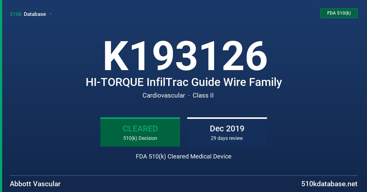 K193126 HI-TORQUE InfilTrac Guide Wire Family FDA 510(k) Cleared Medical Device