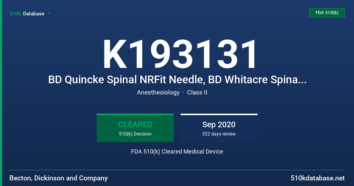 K193131 BD Quincke Spinal NRFit Needle, BD Whitacre Spinal NRFit Needle, BD Spinal Introducer NRFit Needle FDA 510(k) Cleared Medical Device