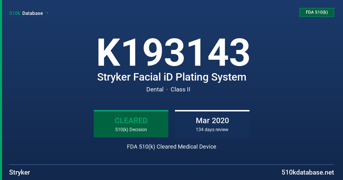 K193143 Stryker Facial iD Plating System FDA 510(k) Cleared Medical Device