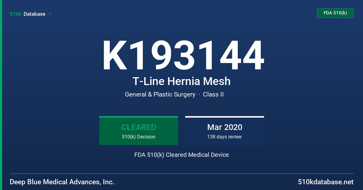 K193144 T-Line Hernia Mesh FDA 510(k) Cleared Medical Device