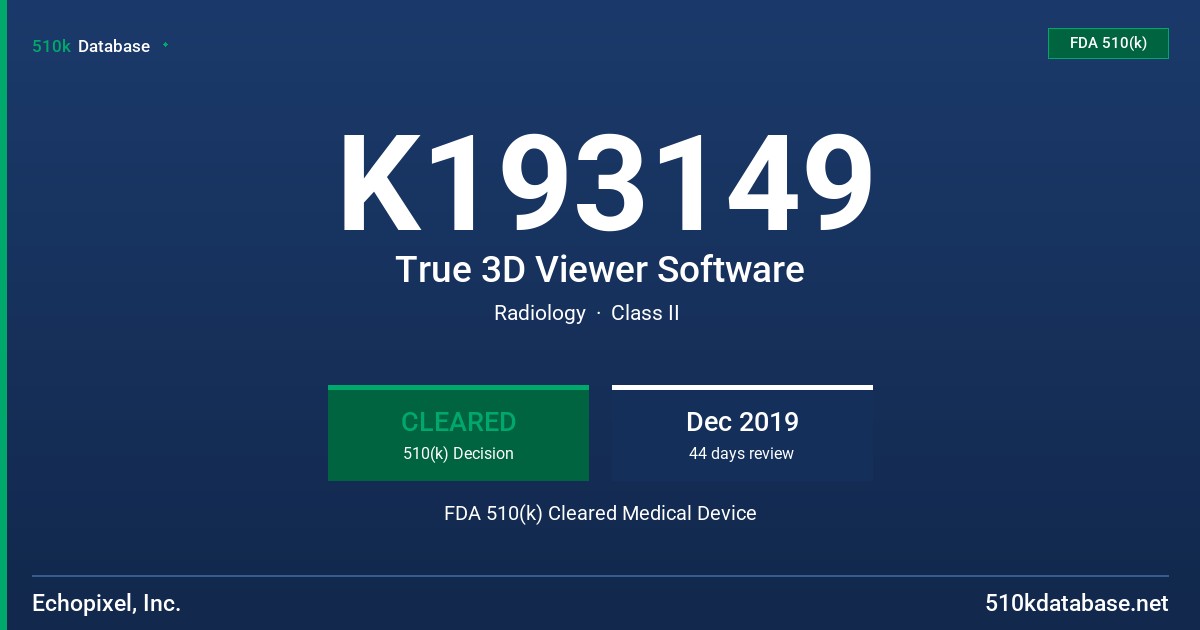 K193149 True 3D Viewer Software FDA 510(k) Cleared Medical Device