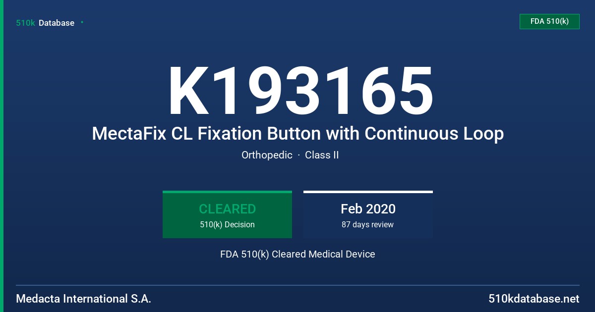 K193165 MectaFix CL Fixation Button with Continuous Loop FDA 510(k) Cleared Medical Device